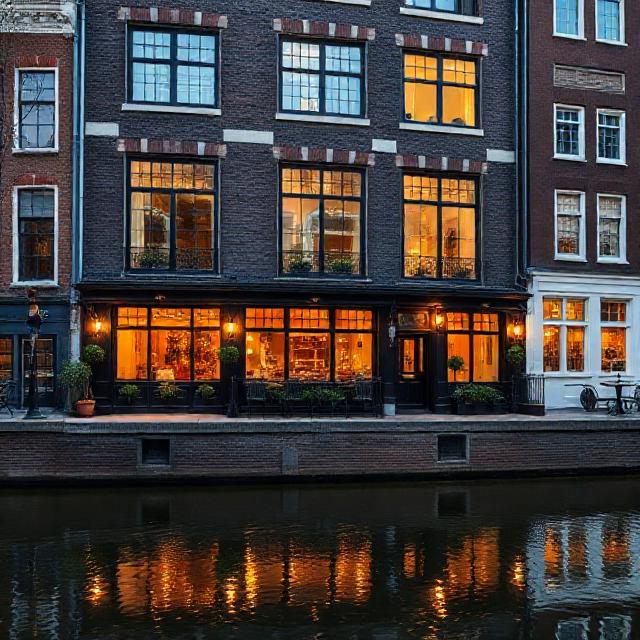 Amsterdam boutique canal-front hotel exterior, classic Dutch gabled facade, warm interior lights, reflections in calm canal, realistic photo
