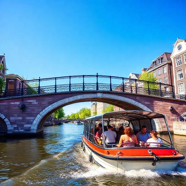 Day cruise in Amsterdam: glass-roof canal boat passing under a classic arched bridge on a sunny day, bright blue sky, cheerful travelers, realistic photo
