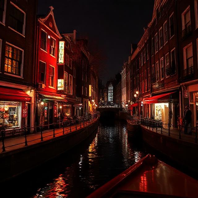 Amsterdam Red Light District at night from canal boat: neon signs glowing, reflections on water, narrow streets and canal houses, non-explicit, tasteful, realistic photo