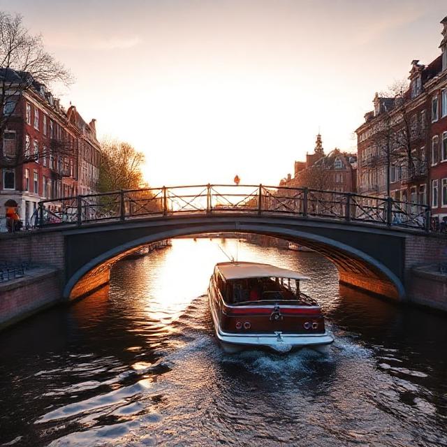 Sightseeing canal cruise in Amsterdam: iconic Magere Brug (Skinny Bridge) with boat passing underneath, golden hour light, realistic photo