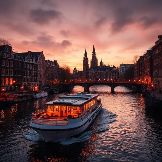 Weekend getaway cruise: cozy small cruise ship and Amsterdam skyline at dusk, romantic warm lights reflecting in canals, realistic photo